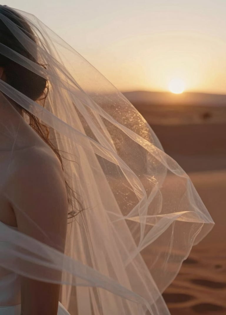 A close-up photograph of a delicate bridal veil caught in a gentle breeze, illuminated by the golden rays of a North American / US desert sunset. The style is cinematic and soft-focus, with hints of terracotta and soft sand in the blurred background.