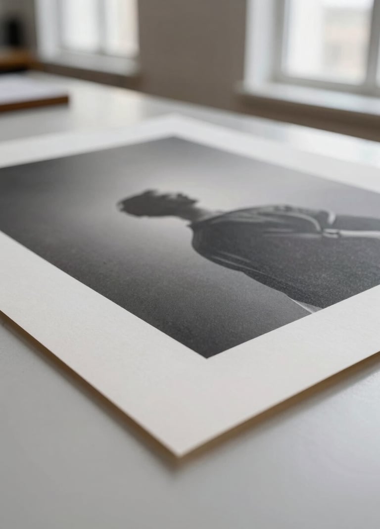 A detailed close-up photography of a high-quality archival art print on heavy textured paper, showcasing the subtle grain and the crisp edge of the print. Soft, natural light from a window in a contemporary Western European studio setting. Minimalism, elegant and editorial mood.