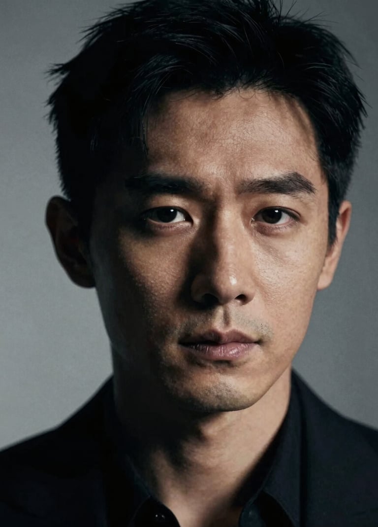 A cinematic close-up headshot of a professional actor with an enigmatic expression. Lighting is dramatic and directional, creating deep shadows (#0F0F0F) and sharp highlights on the skin. The background is a soft, blurred silver-gray (#A8A8A8). High-end film grain texture.