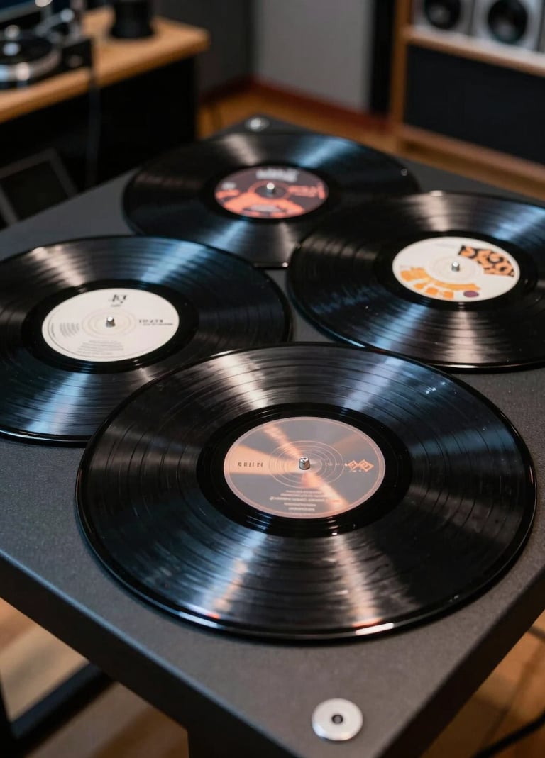 Photography of custom vinyl records with reflective chrome labels resting on a polished black table in a professional North American / US music studio, sharp lighting, sleek aesthetic.