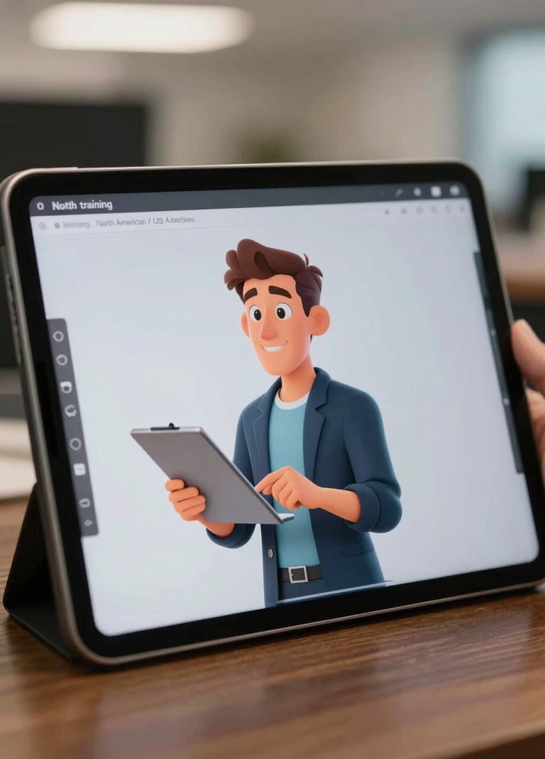Close-up of a high-resolution tablet screen displaying a cartoon-style professional character used in the training, North American / US office background blurred, soft studio lighting.