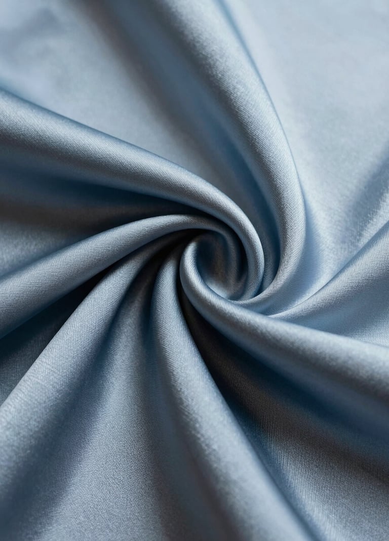 A refined macro photograph of heavy silk fabric textures in slate blue and mist white. The lighting is soft and cinematic, highlighting the elegant weave and professional quality of the material.