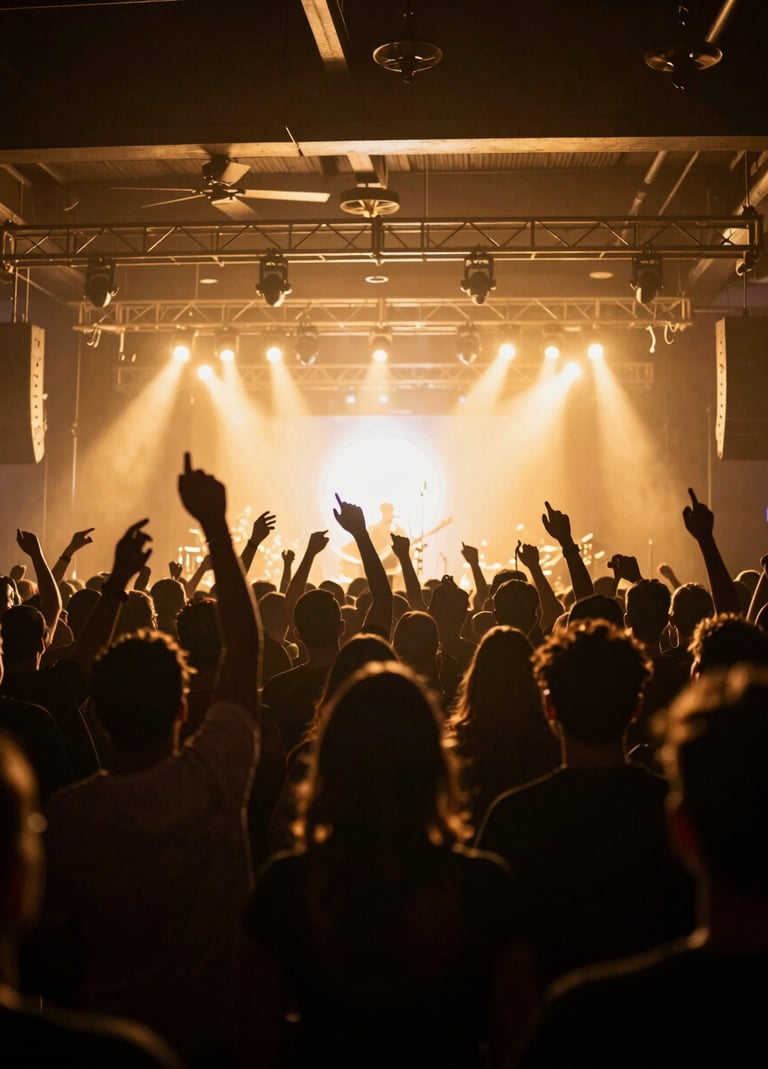 A high-contrast photography of an energetic crowd at an upscale North American local music venue, silhouettes seen against a brilliant golden stage light, capturing a premium and exclusive night atmosphere.