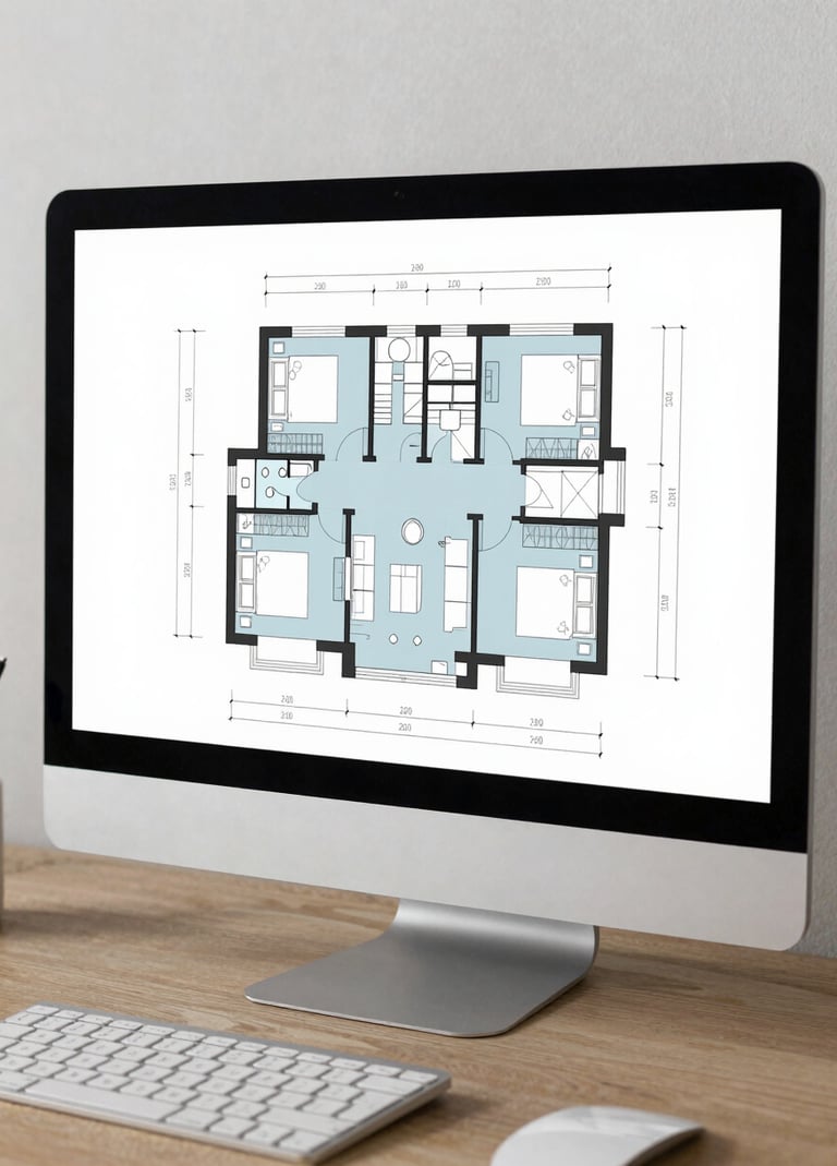 A clean, technical floor plan of a modern residential apartment layout, displayed on a professional monitor. Precision architectural lines, Muted Blue and Pale Mist accents, minimalist and sophisticated Baltic design studio environment.