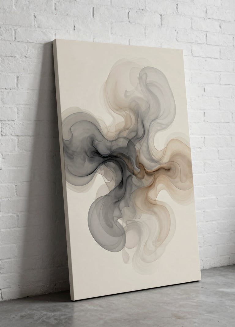 A vertical abstract artwork leaning against a white-painted brick wall in a modern North American loft. The artwork shows ethereal, cloud-like forms in varying shades of warm grey and soft taupe on a cream background. Professional studio photography with high clarity.