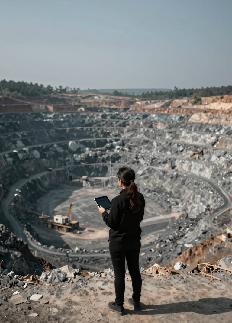 A wide-angle shot of a journalist standing at the edge of an immense open-pit mine, holding a tablet and observing the scale of the operation. Her silhouette is sharp against the #B0BEC5 landscape and #607D8B sky. The image conveys the depth and rigor of independent investigative work.