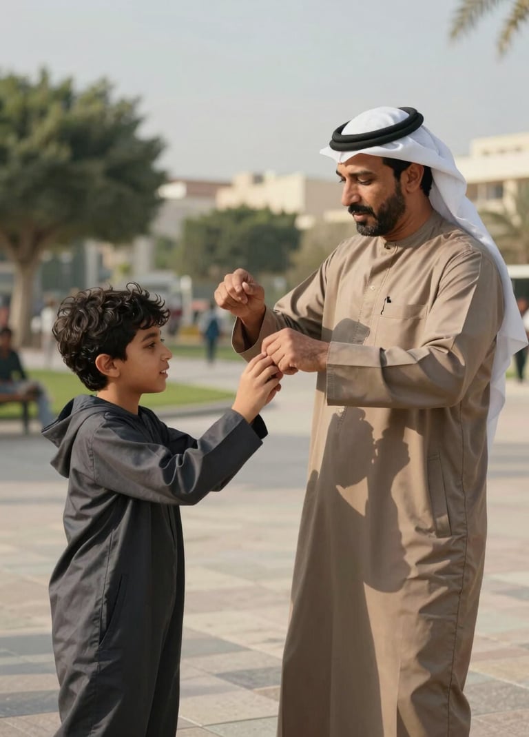A medium shot of a father and son engaged in a spontaneous activity in a park in a Middle Eastern / Gulf city. Warm, sun-drenched lighting, highlighting charcoal and tan clothing colors. Genuine human connection and authentic storytelling.