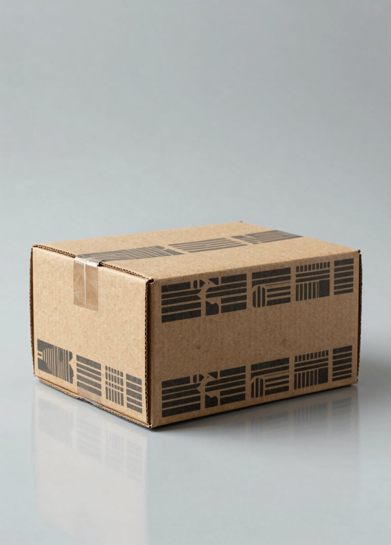 A studio product shot of a sustainable cardboard shipping box with custom brand patterns printed in dark charcoal, sitting on a clean mist colored surface, reflecting North American / US aesthetic.