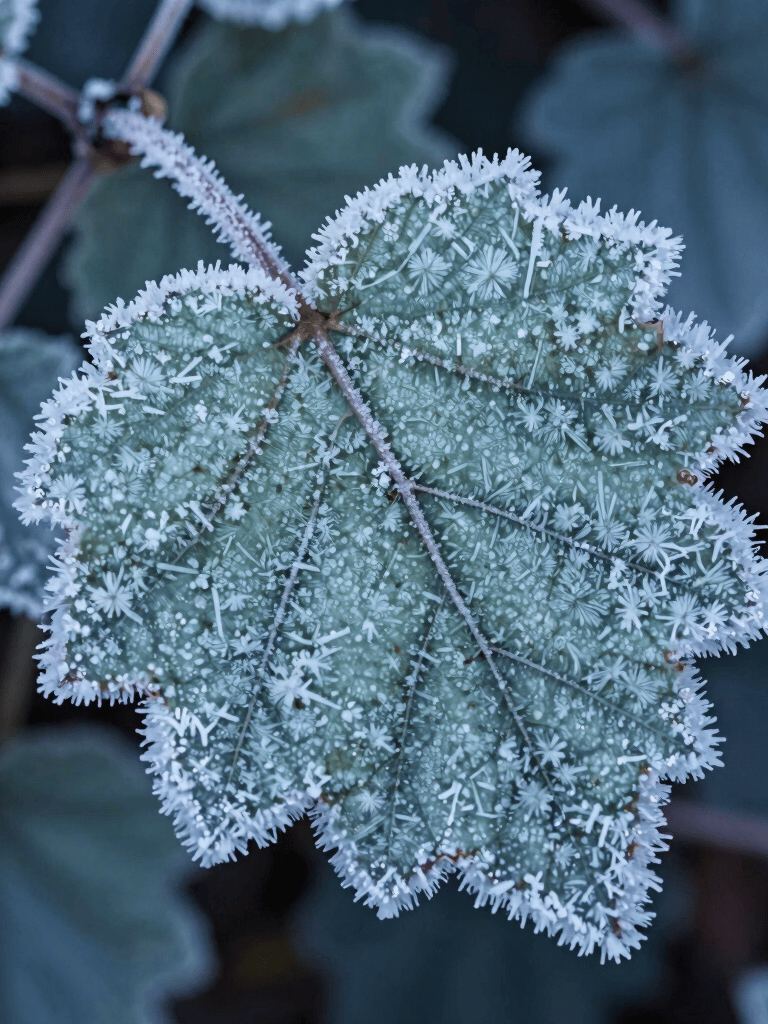 Macro photography of frost on a mountain leaf, showing crystalline textures, with a palette of soft mint and slate blue, early morning light in a North American high-altitude environment.