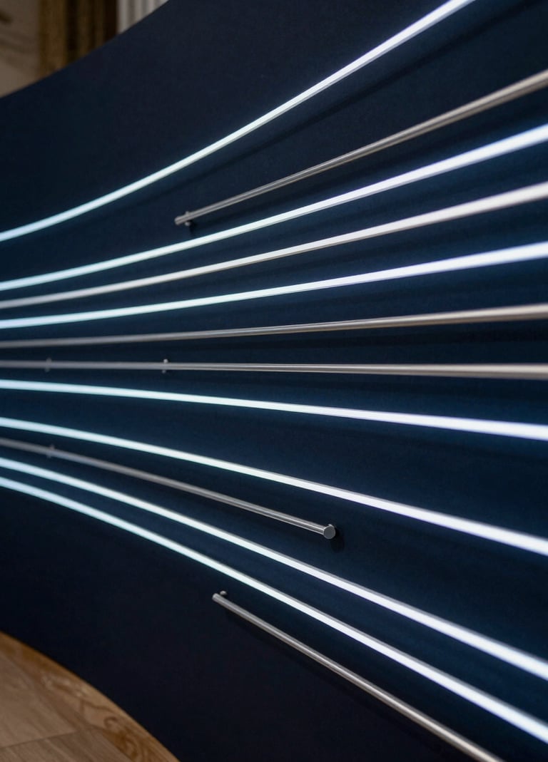 A close-up shot of a contemporary digital art installation in a European / French cultural center, featuring glowing pale silver blue lines against a dark navy background. The composition is sleek and modern.