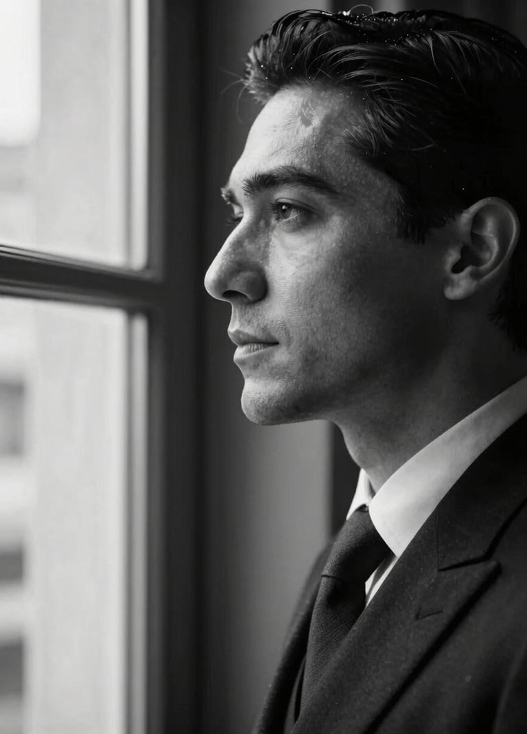 A cinematic close-up of a sophisticated person looking out of a window, high contrast black and white photography, soft window light hitting one side of the face, Global / Hispano context, elegant atmosphere, deep shadows.