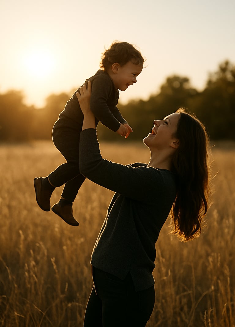A vertical cinematic lifestyle photograph of a mother lifting her child in a sun-drenched North American meadow, backlit by a warm golden sun, charcoal-toned clothing against a soft sand colored field.