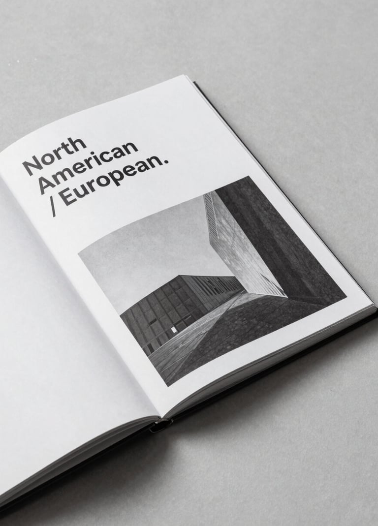 A high-angle shot of a minimalist art book lying open on a gray surface, displaying black and white architectural photography, clean typography visible on the page, North American / European.