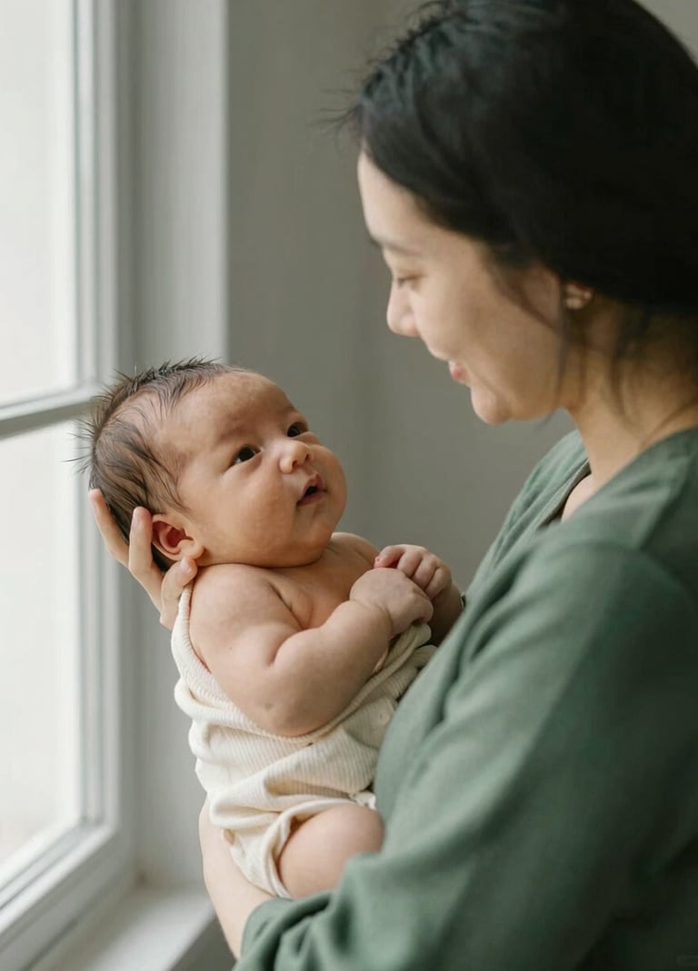 A mother gently holding her newborn by a window with soft natural light. Minimalist elegance, deeply emotional storytelling. Subtle, warm tones incorporating dark green (#2A362B), muted green (#5F705B), warm beige (#C7B7A3), and off-white (#F7F3EE).