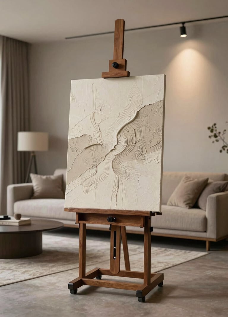 A finished piece of textured art displayed on a dark wood easel in a minimalist, modern Western living room. The room has soft earthy decor and professional gallery-style spotlighting.
