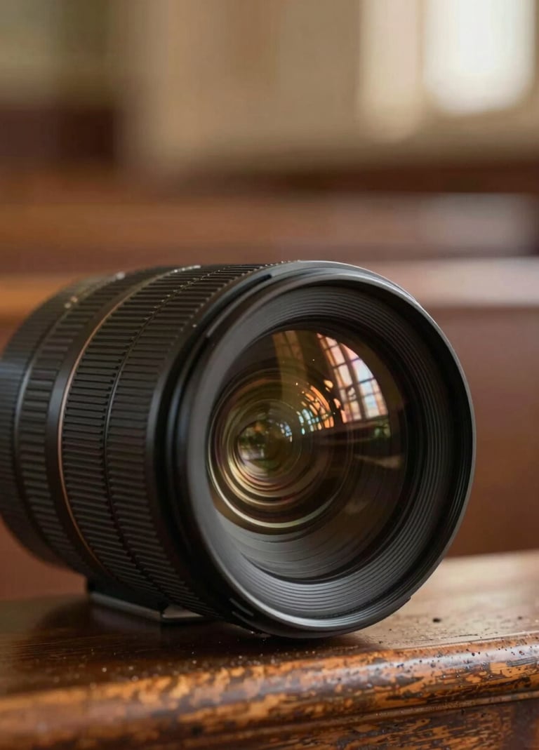 A cinematic close-up of a high-end cinema camera lens reflecting the soft, warm light of a sanctuary, with a blurred background showing the warm wood and soft #A79E8B tones of church pews. The lighting is ethereal and professional, embodying serene storytelling.