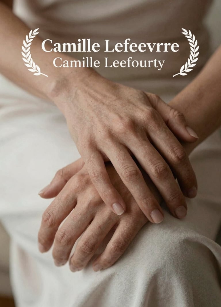 A close-up detail shot of hands resting softly, illustrating the sensitive touch of Camille Lefeuvre's photography. Warm taupe and soft off-white colors, shallow depth of field, very elegant.