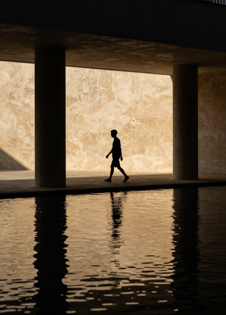 A dramatic silhouette of a person walking through a pool of antique gold light in a minimalist North American / US architectural space, deep midnight black shadows.