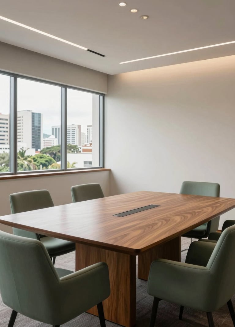 A sophisticated South American corporate meeting room with a large minimalist wooden table, sage green chairs, and large windows looking over a Brazilian city. The lighting is soft and professional, highlighting off-white walls.
