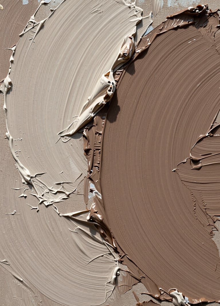 A close-up photograph of thick, expressive oil paint textures on a canvas. The palette features muted brown, warm taupe, and soft off-white, with deep charcoal shadows in the crevices of the brushstrokes. Soft, natural side lighting emphasizes the three-dimensional quality of the paint.