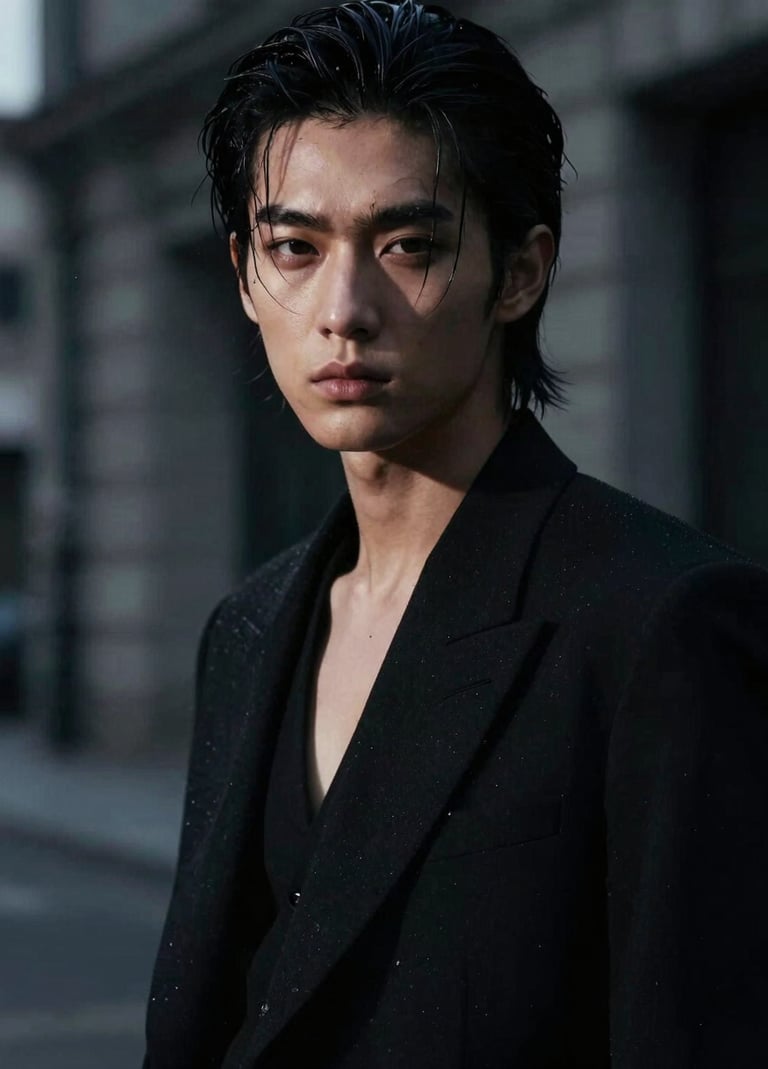 A high-contrast cinematic fashion portrait of an edgy model in a dark urban setting, with polar mist highlights on their skin and obsidian black shadows. The lighting is dramatic and moody, 35mm film style.