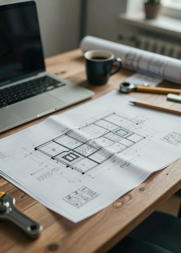 A messy but creative workspace table with blueprints, coffee, and tools. Realistic, grainy texture, cinematic lighting using #6B705C and #F5F5DC accents.