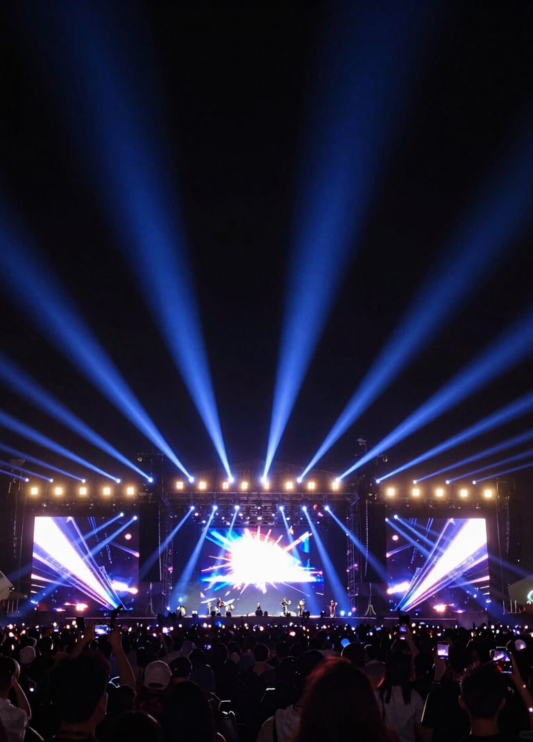 A wide shot of a massive festival stage at night under a deep black sky. The lighting rig is emitting powerful #7A7CF1 beams of light into the air. Reflects an electrifying presence.