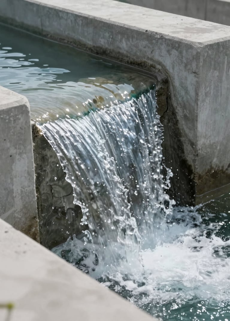 A detailed close-up of water flowing through a precisely engineered concrete spillway. The focus is sharp on the water's texture and the smooth grey concrete, embodying professional water engineering and clean design. Soft, natural daylight.
