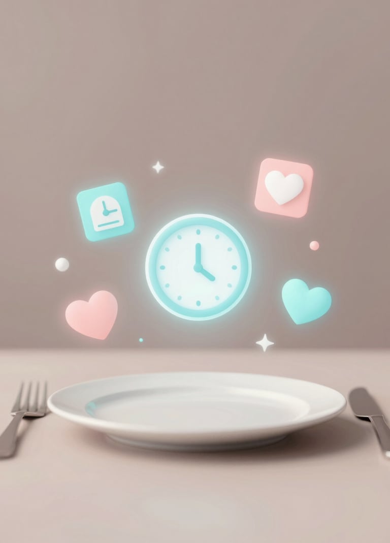 A minimalist and artistic representation of a dining experience where digital icons like a clock and a heart float softly above a table. Style is dreamlike with soft pastel glows in #A6D1FF and #FFC6A6.