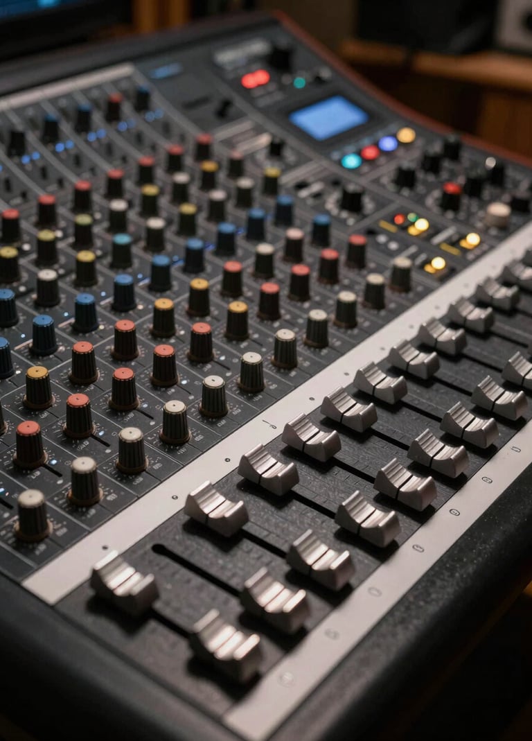 A high-end, top-down photograph of a professional analog mixing console in a dark North American recording studio. The faders are silver, catching soft light against a charcoal and black equipment surface, creating an atmosphere of technical precision and artistic focus.