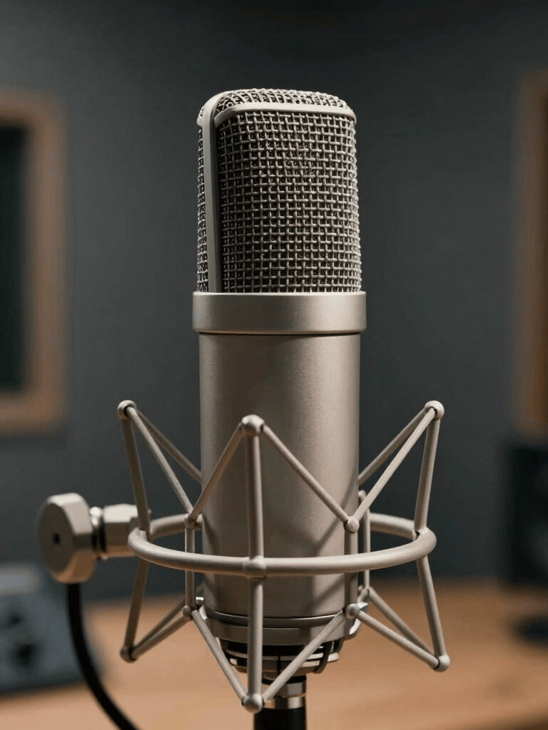A close-up, artistic photograph of a high-quality condenser microphone in a professional recording studio setting. Soft, cinematic lighting with a color palette of dark gray and silver. North American / US studio interior.