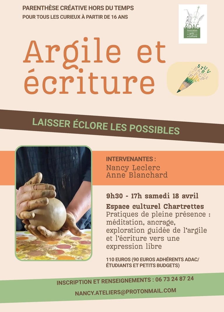Affiche d'information atelier argile et écriture le 18 avril 2026, Chartrettes, Nancy Anne Blanchard