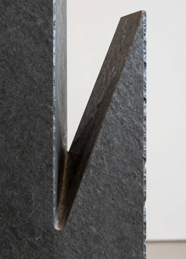 Close-up detail of a contemporary sculpture made of dark slate gray polished metal, reflecting soft light. The composition is minimalist and focuses on the interplay of sharp edges and curves. Professional studio lighting in a Latinoamericano / Español gallery setting.