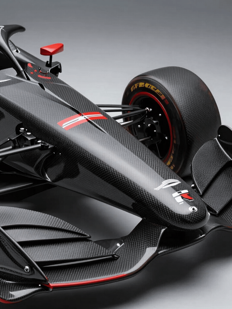 A sharp, technical close-up of an IndyCar aero-kit wing under studio lighting. The focus is on the precision carbon fiber weaving and the sleek dark gray finish, with racing red accents reflecting off the surface. Sophisticated and modern composition, North American / US motorsport context.