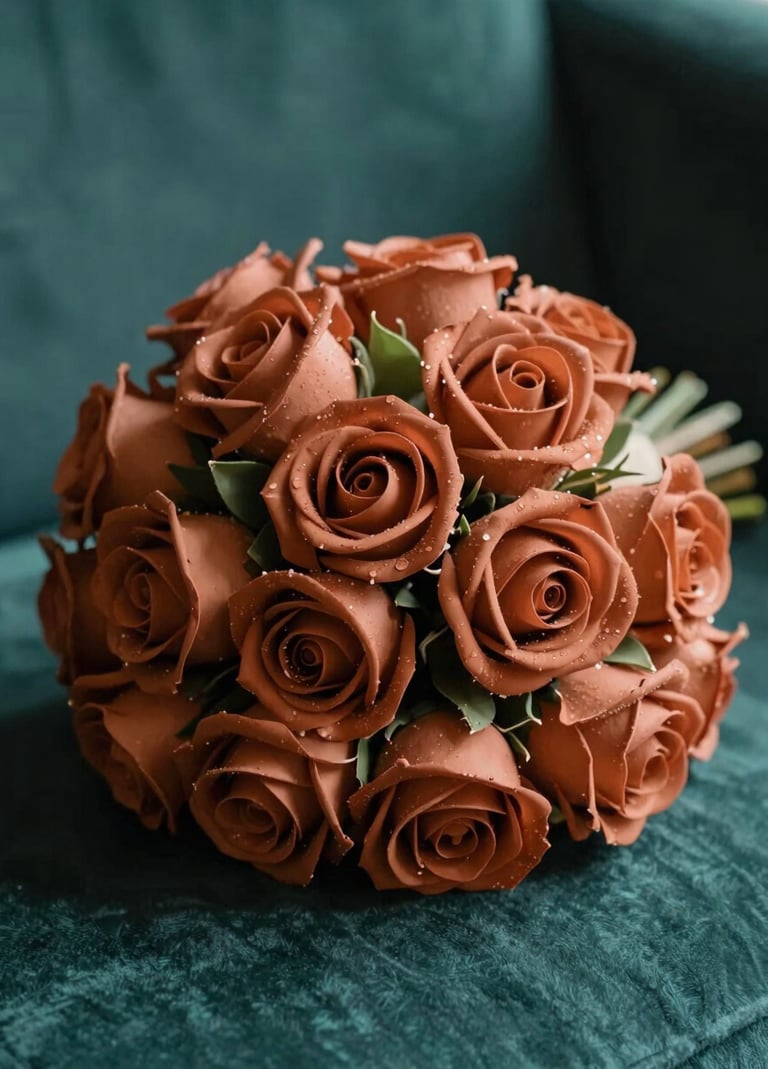 Close-up detail of a terracotta-colored bridal bouquet lying on a teal green velvet surface, captured in soft, cinematic sun-drenched lighting.