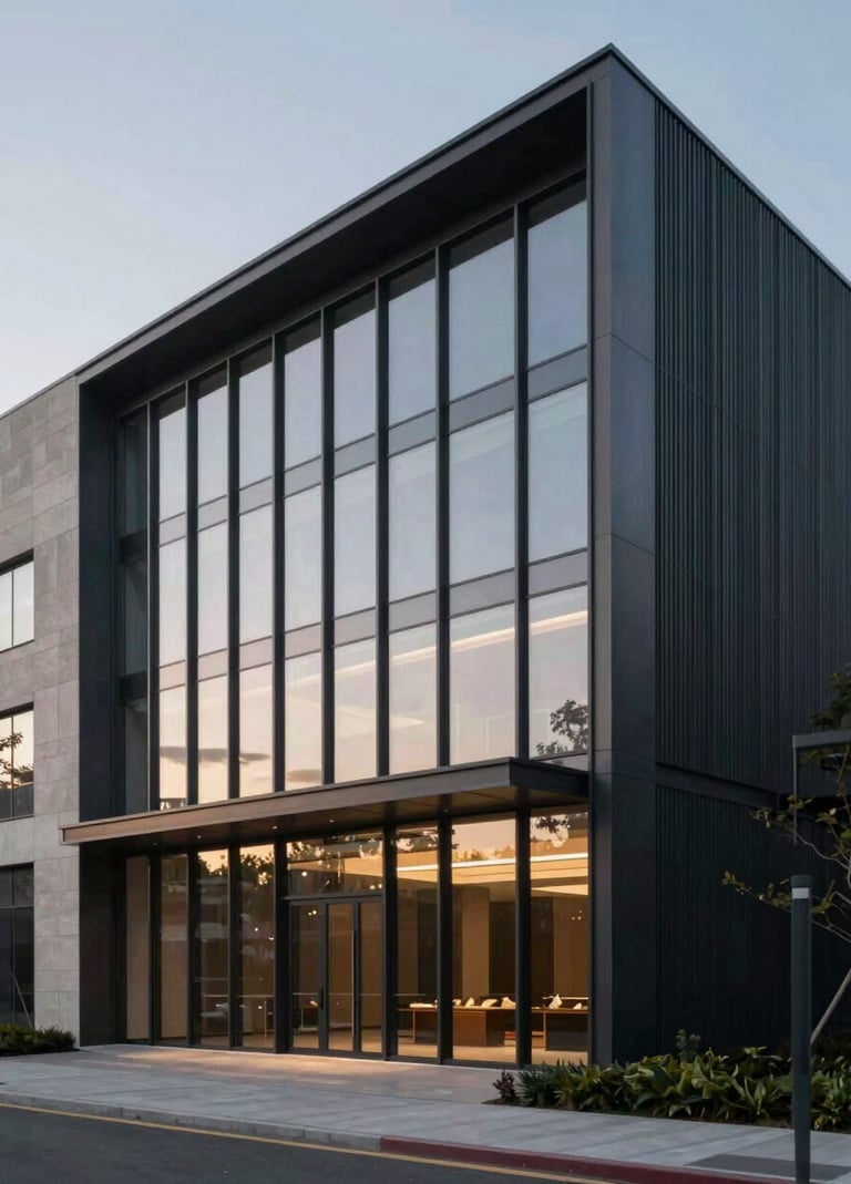 An exterior architectural photograph of a contemporary commercial building facade at dusk. The structure features clean vertical lines and large glass panels reflecting a soft ambient sky. Minimalist landscaping in the foreground. Professional lighting highlighting the texture of charcoal steel and beige stone elements. Style: Modern, precise, and sophisticated.