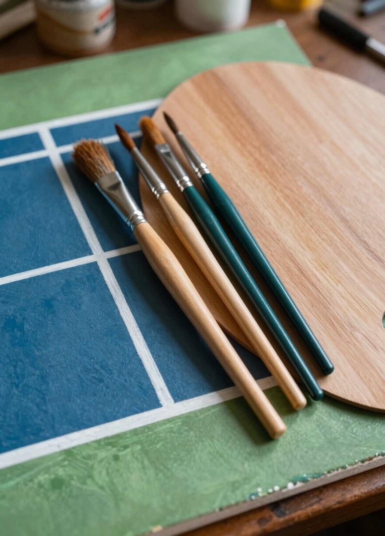 A close-up photograph of artistic tools—high-quality brushes and a wooden palette—resting next to a vibrant painting of a tennis court. The scene is set in a sunny, North American residential art space, reflecting an active and creative lifestyle.