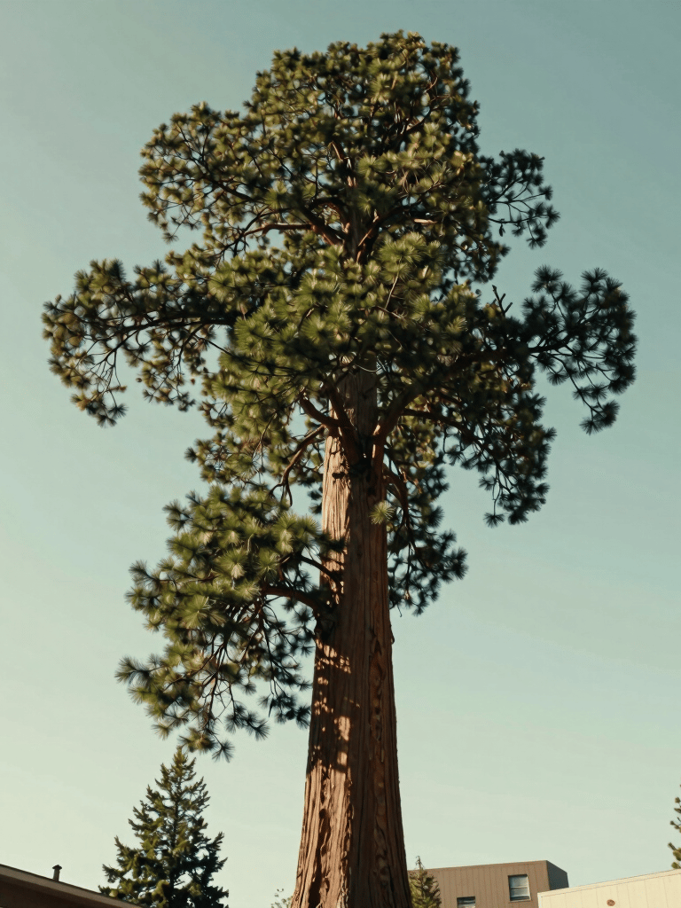 A cinematic drone shot from a low-angle aerial position looking up at a Giant Sequoia's massive crown against a soft mint-colored sky. The dense green needles are sharp and textured, while urban Eugene rooftops are visible at the very bottom edge of the frame. Soft, majestic lighting.