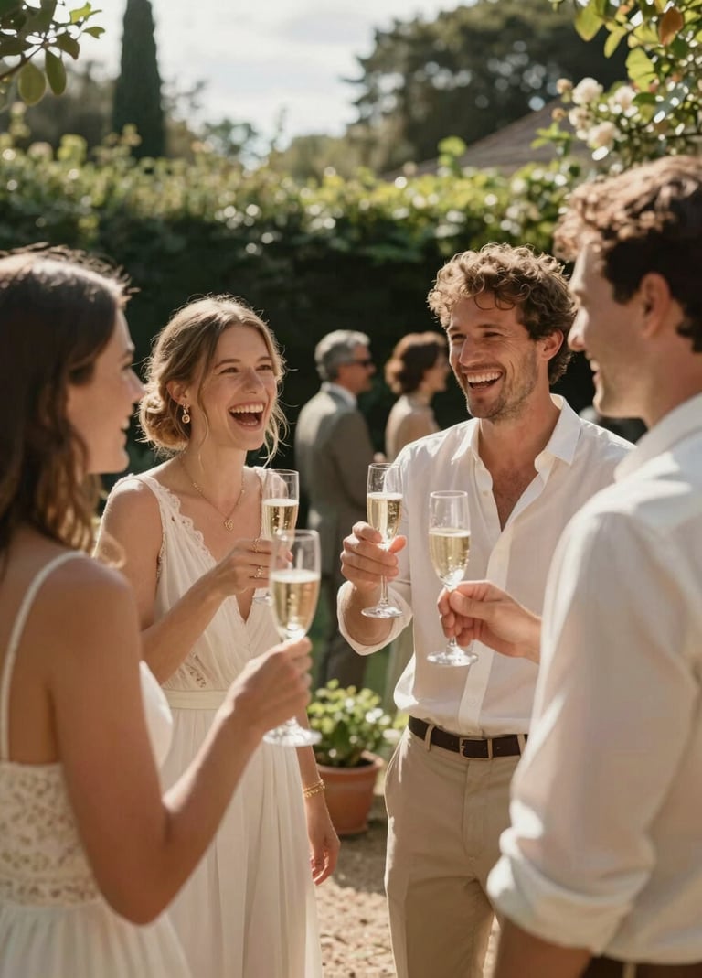 A lifestyle shot of wedding guests laughing and toasting with champagne, sunny afternoon in a French garden, natural and authentic interactions, cinematic lighting, warm beige and soft sand tones.