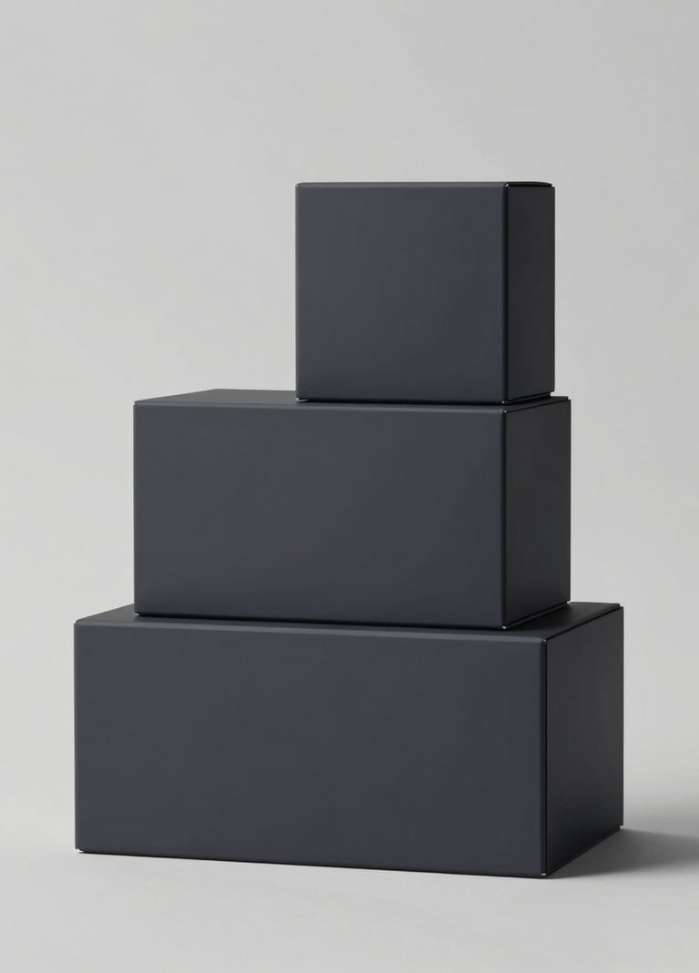 A collection of three skincare boxes of different sizes stacked neatly. The packaging design is sleek and uses a monochromatic palette of #0A1118 and #ECF0F1. Modern, sophisticated studio lighting.