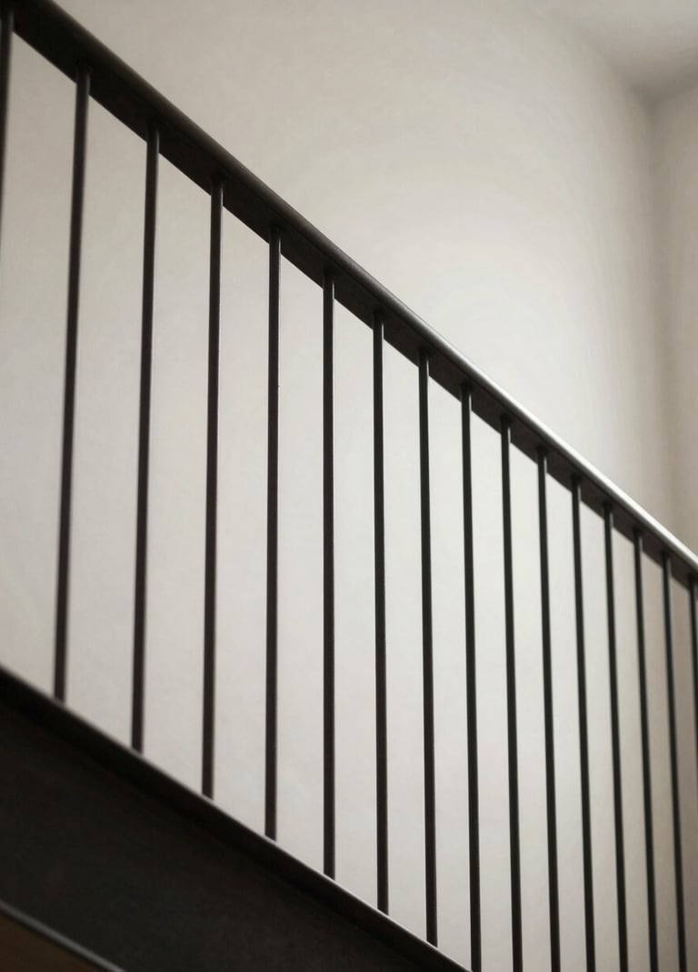 A low-angle shot of a minimalist staircase railing made of deep charcoal steel. The light hits the slim vertical spindles, creating sharp shadows against a soft off-white wall in a modern Nordic interior.