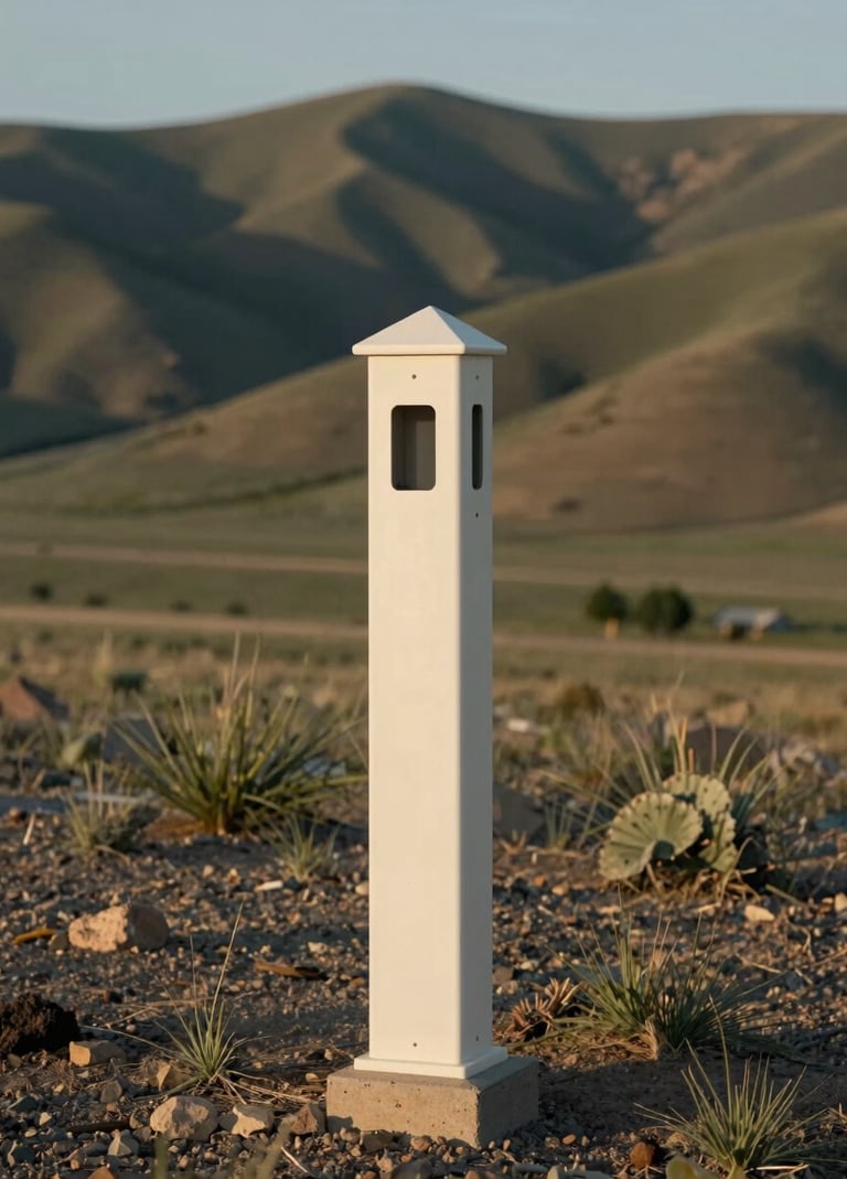 Ground-level professional photography of a property boundary marker against the backdrop of rolling hills in Northeast Nevada. The lighting is soft late afternoon, emphasizing the rugged elegance and strategic boundary of the land using off-white and muted green tones.