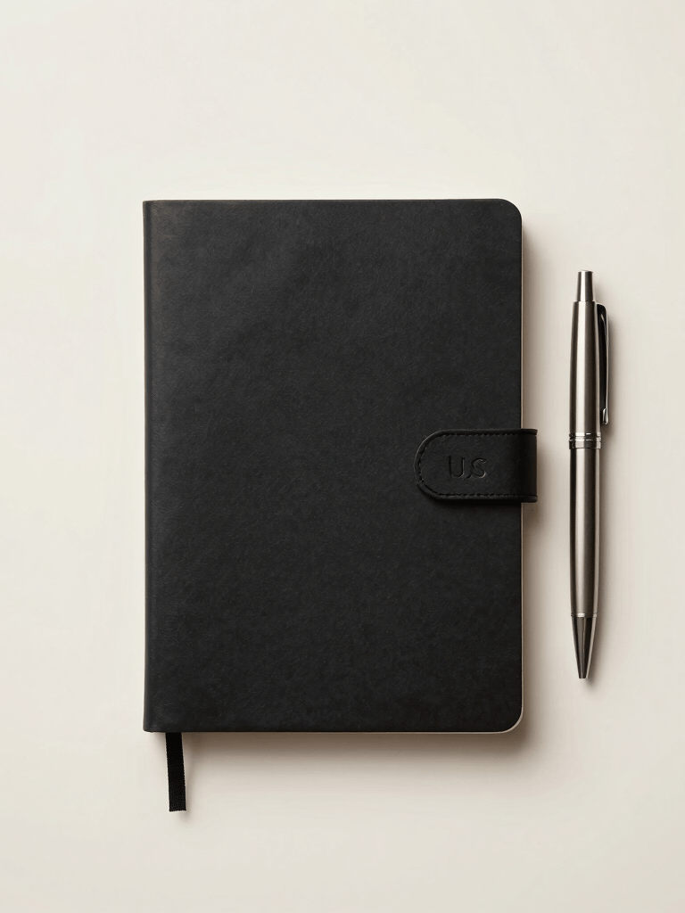 A top-down view of a minimalist desk with a single black notebook and a high-end metal pen, clean off-white background, soft natural lighting, North American / US setting.