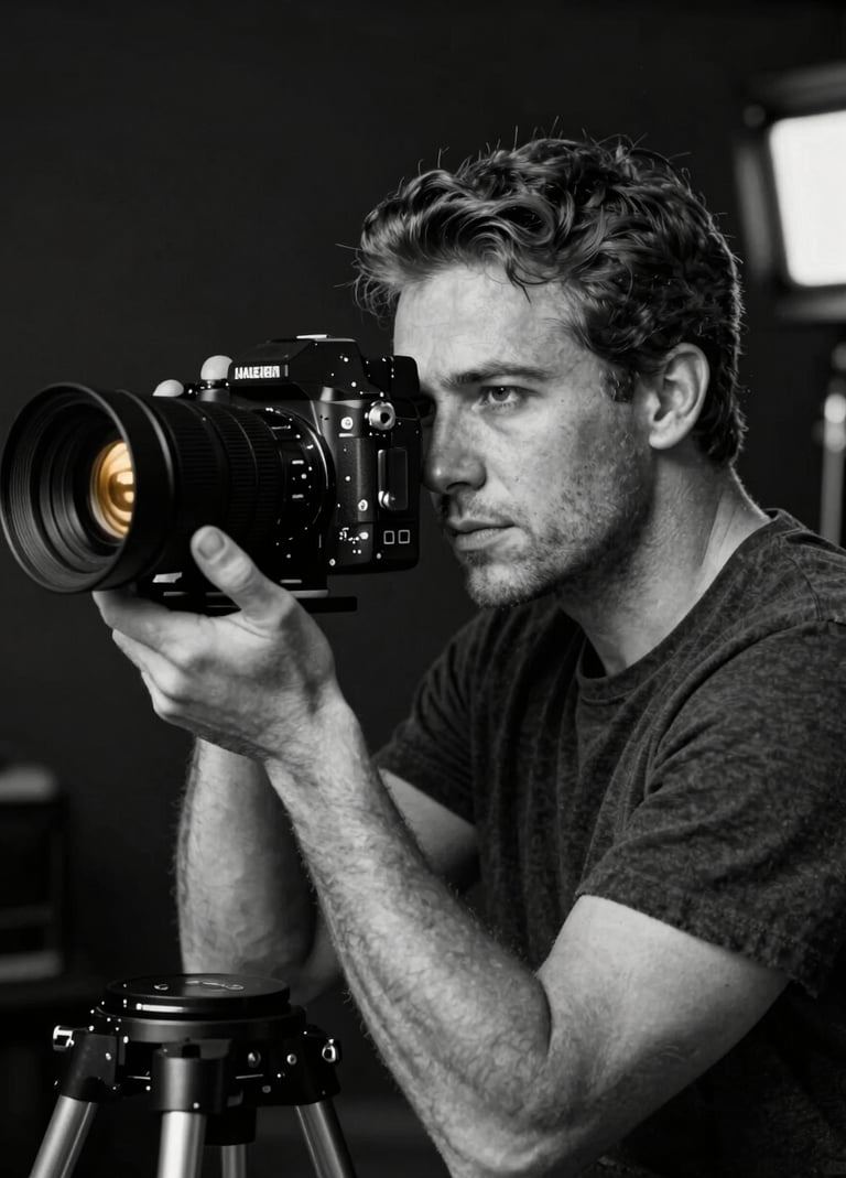 A sophisticated black and white photograph of Frank Artus on a film set, looking through a camera lens. The atmosphere is professional and artistic, with hints of gold light (#A88B57) reflecting off the equipment against a dark background (#1A1C20).