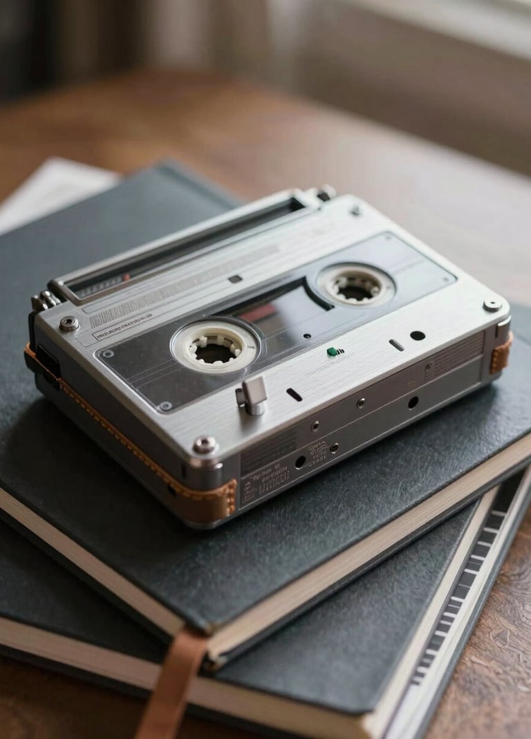 A photo of an old tape recorder sitting on a pile of music notebooks, with a dark slate grey metallic finish and warm taupe leather strap, shot in soft morning light.