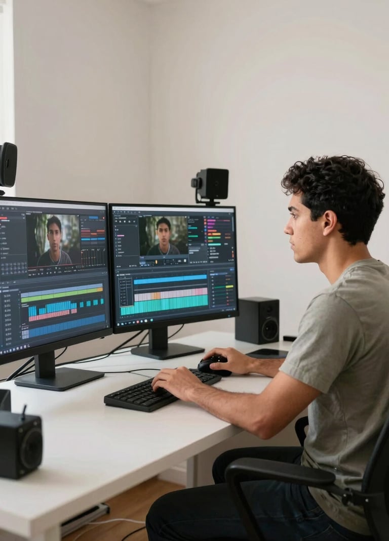 A professional video editor working on a multi-screen workstation in a modern Latin American / Hispanic home office, soft off-white walls, high-end creative workspace setup.