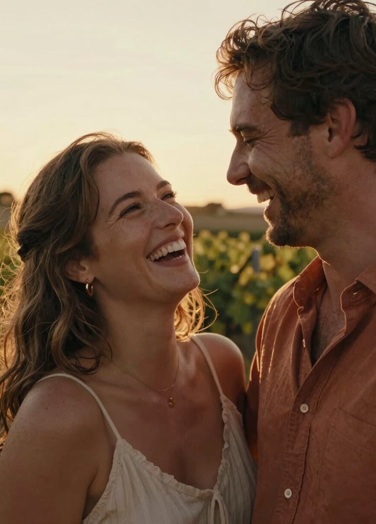 A cinematic close-up of a happy couple sharing a private laugh during a sunset celebration in a Portuguese vineyard. The lighting is warm and golden, highlighting sand and terracotta tones in their attire. Authentic, spontaneous moment, high-end lifestyle photography.