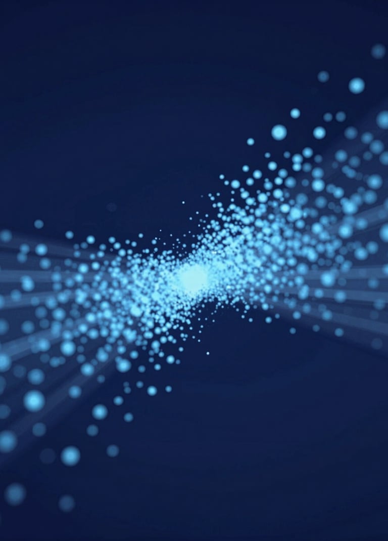 A technical visualization of physics collisions in a game engine, showing particles bouncing off a surface, with a palette of #3F516B and #E0E8F0, sharp and technical focus, innovative style.