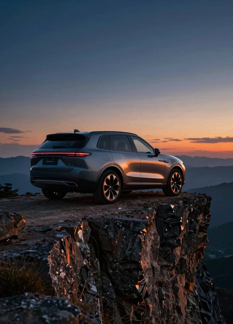 A high-fidelity 4K still of a luxury SUV parked on a jagged cliff edge at sunset. The lighting is cinematic, with orange glows hitting the car's metallic surface and deep shadows in the valley below. The color palette includes #1B263B for the deep sky and #A0B0C0 for the car's highlights.
