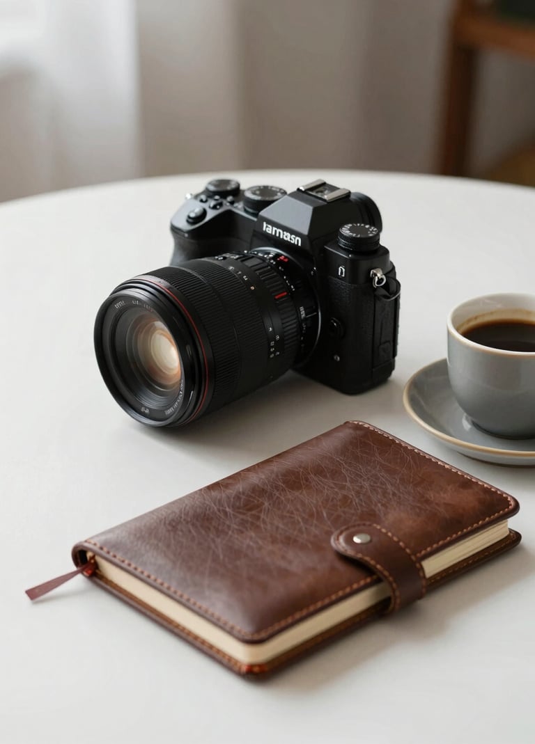 Una composición de bodegón de estilo de vida que muestra una cámara profesional, una libreta de cuero marrón oscuro y un café en un entorno de estudio minimalista con luz suave y natural, estética sofisticada.